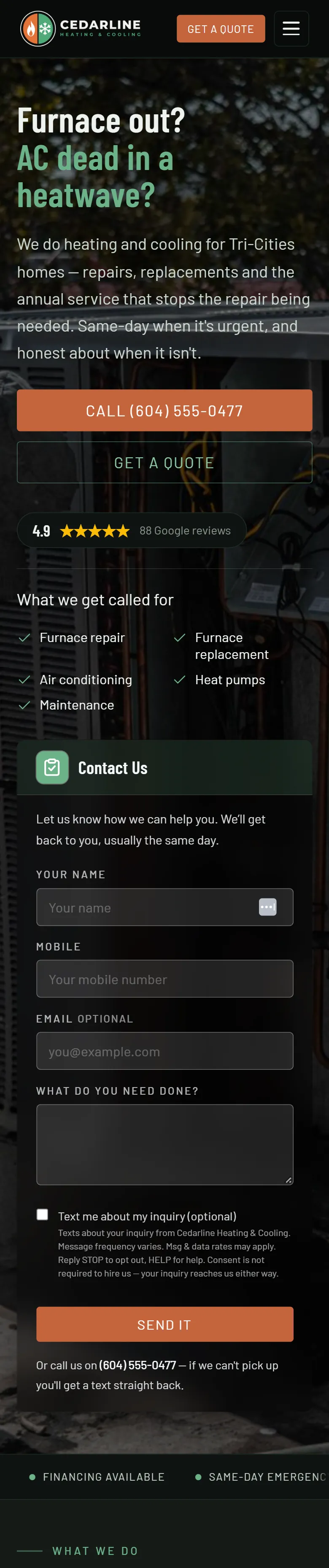 The Cedarline Heating & Cooling website, shown on a phone