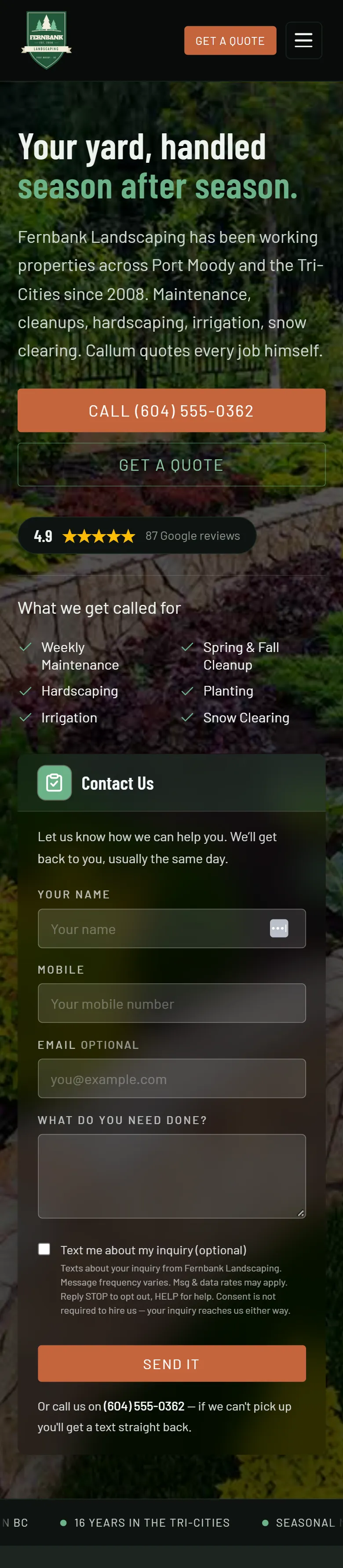 The Fernbank Landscaping website, shown on a phone