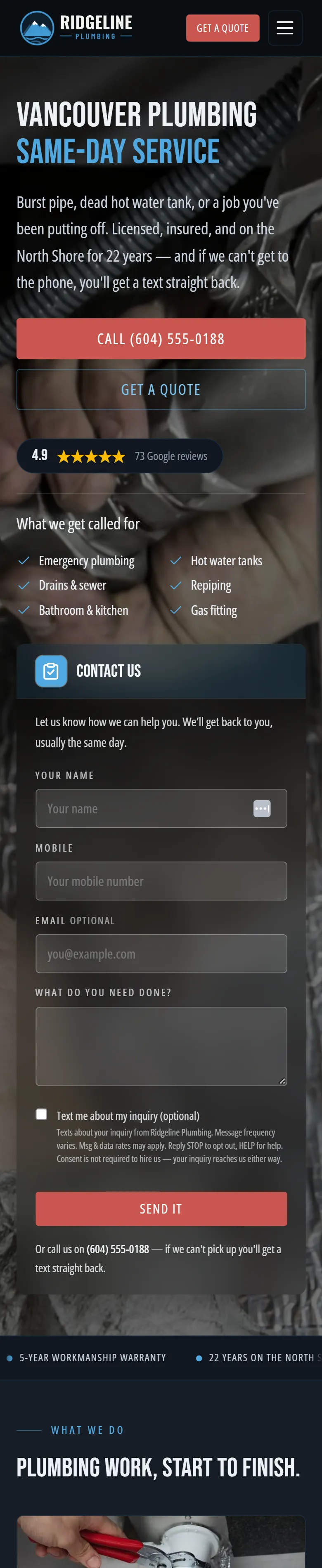 The Ridgeline Plumbing website, shown on a phone