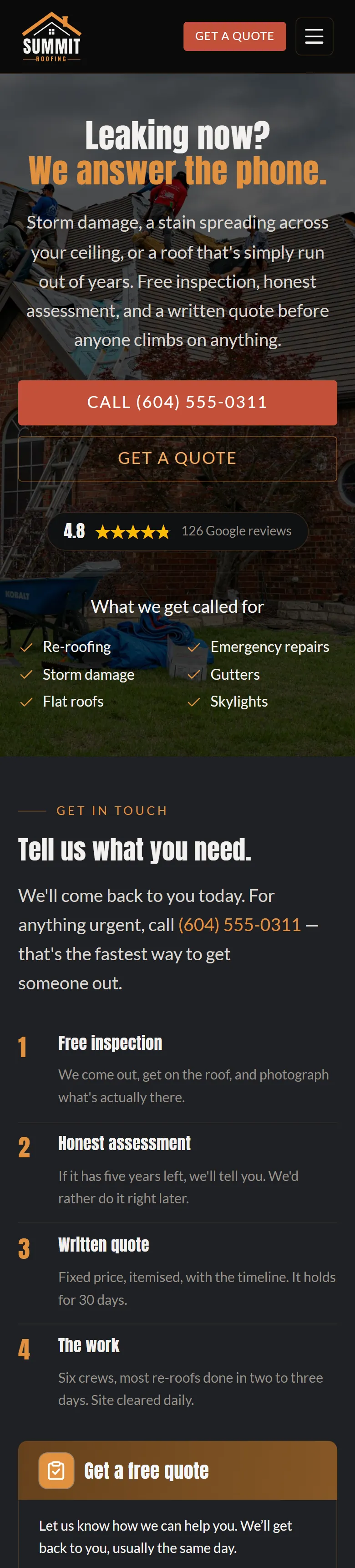 The Summit Roofing website, shown on a phone